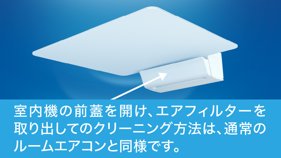 室内機の前蓋を開け、エアフィルターを取り出してのクリーニング方法は、通常のルームエアコンと同様です。