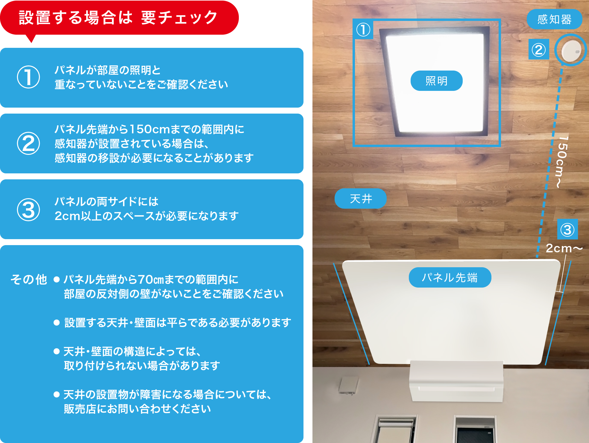 設置する場合は要チェック！①パネルが部屋の照明と重なっていないことをご確認ください ②パネル先端から150cmまでの範囲内に感知器が設置されている場合は、感知器の移設が必要になることがあります ③パネルの両サイドには2cm以上のスペースが必要になります その他 パネル先端から70cmまでの範囲内に部屋の反対側の壁がないことをご確認ください 設置する天井・壁面は平らである必要があります 天井・壁面の構造によっては、取り付けられない場合があります 天井の設置物が障害になる場合については、販売店にお問い合わせください