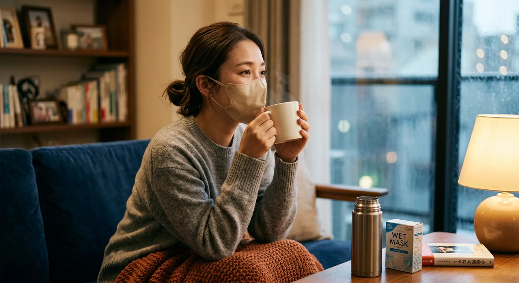 白湯を飲んだり、濡れマスクをつけたりして喉をいたわる様子のイメージ