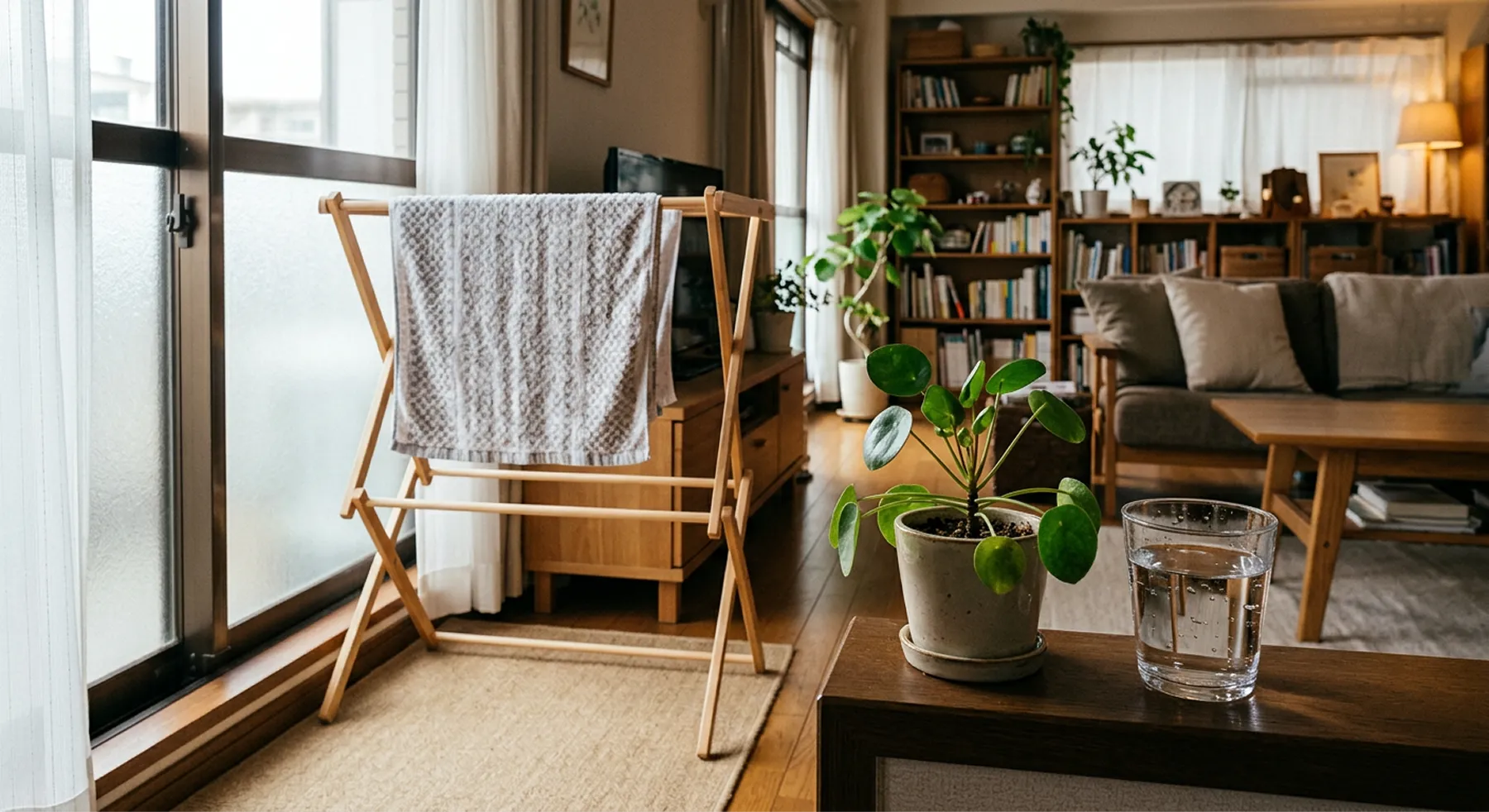 濡れタオルを干したり、コップに水を置いたり、観葉植物を取り入れたりする「手軽な乾燥対策アイデア」の実践イメージ画像